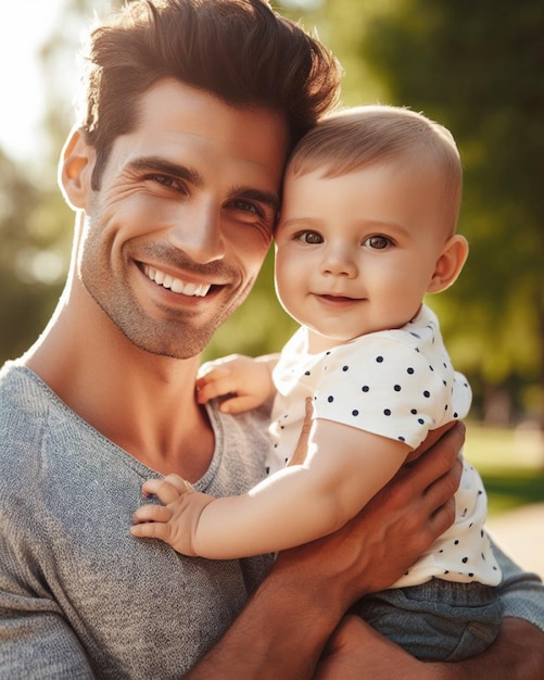 a handsome smiling man holding his son