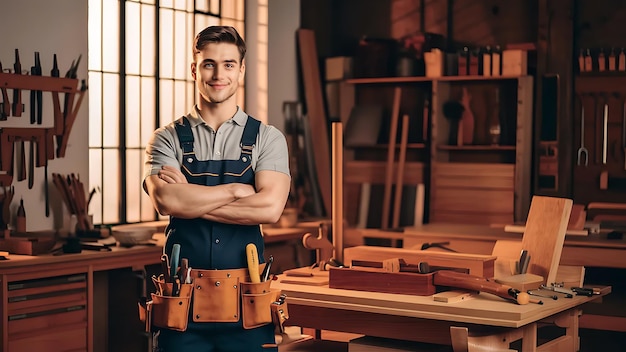 handsome smiling young carpenter in uniform working in his workshop