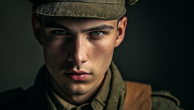 Photo handsome soldier guy model retro fashion portrait posing in studio background