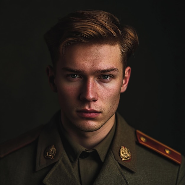 handsome soldier guy model retro fashion portrait posing in studio background