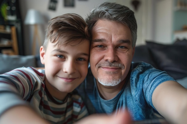 Photo handsome son taking a selfie with his father