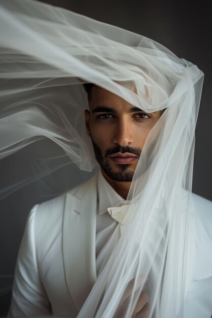 Photo handsome stylish man in white elegant under vail vertical