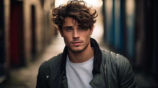 A handsome stylish young man a model wearing casual black clothes with a fashionable Hairstyle looks at the camera on the street