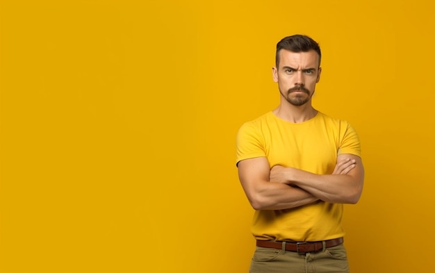 handsome tall arabian beard man model at yellow shirt with yellow background