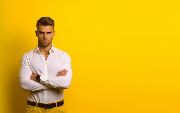 handsome tall arabian beard man model at yellow shirt with yellow background