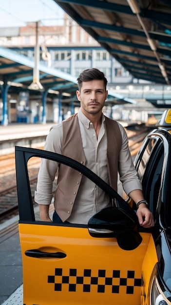 Photo handsome taxi driver near car on station