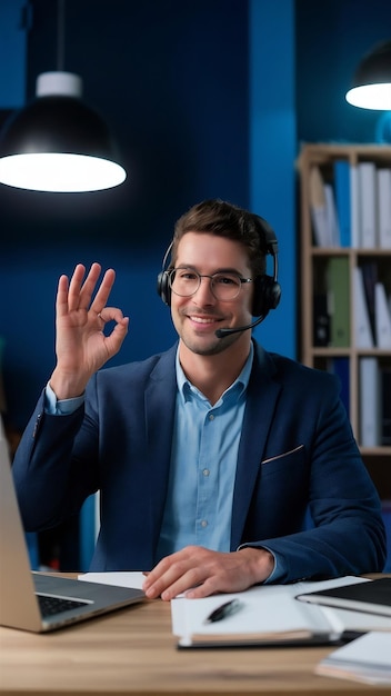 Handsome technical support agent talking to a client and giving him okay sign video call