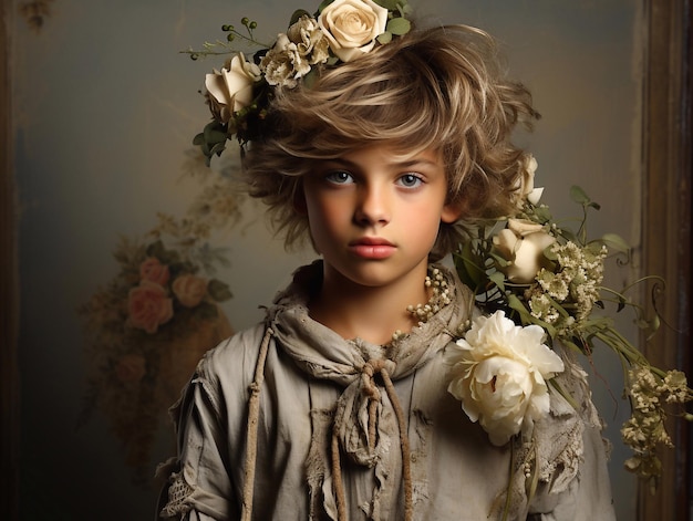 Handsome teenager boy in shabby chic style portrait of a boy in flowers vintage style