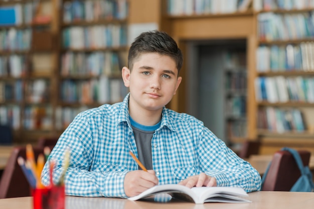 Handsome teenager making notes in textbook