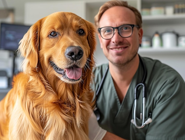 handsome veterinarian cuddling a golden retriever in his medical office