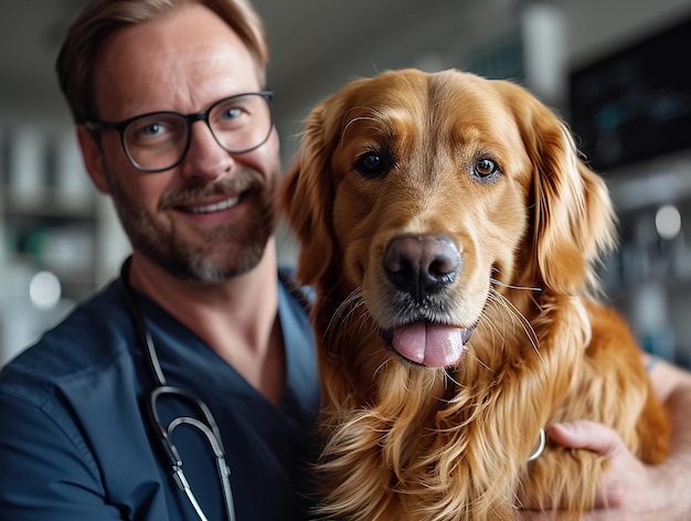 handsome veterinarian cuddling a golden retriever in his medical office