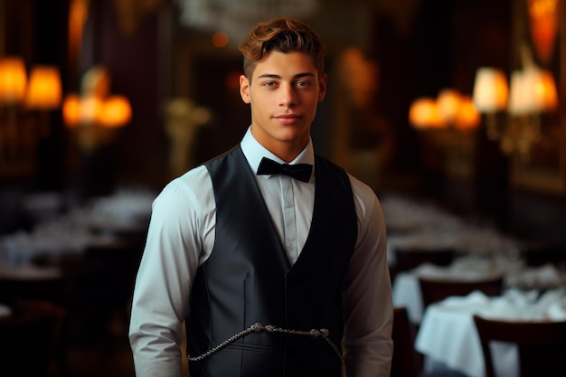 A handsome waiter with a European appearance in a nice suit on the background of a restaurant