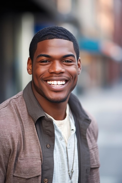 A handsome young african american man smiling at you in a city street created with generative ai