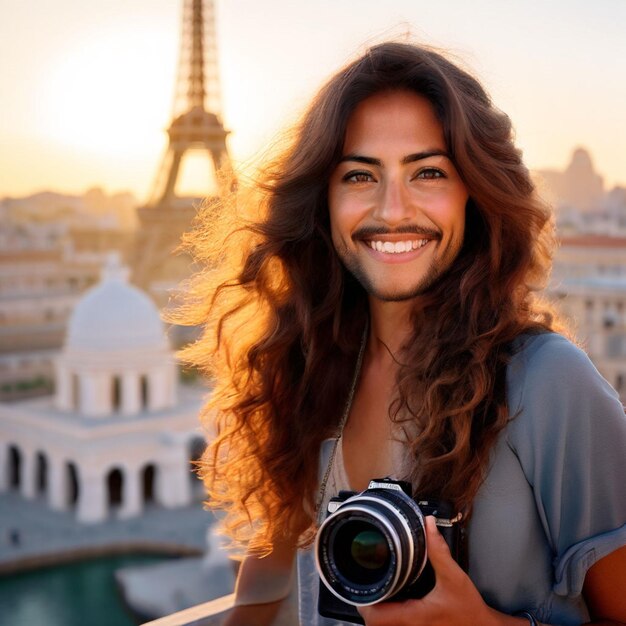 Handsome young AfricanAmerican man photographer shooting with professional camera