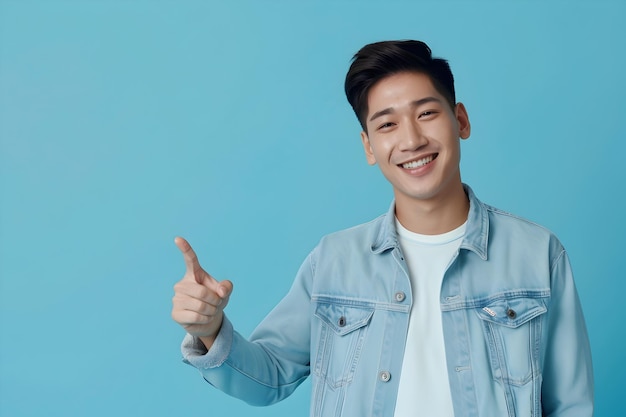 Handsome Young Asian Man Smiling with Finger Pointing on Light Blue Background with Copy Space