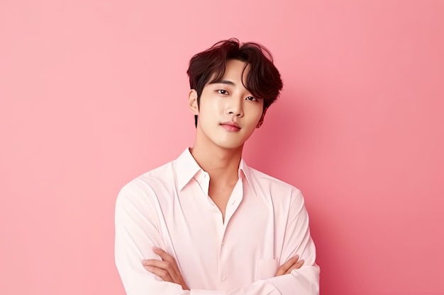 Handsome young asian man with clean fresh skin on pink background