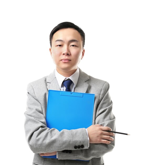 Handsome young Asian teacher on white background