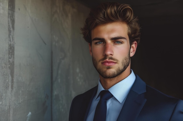 Handsome young businessman in blue suit posing