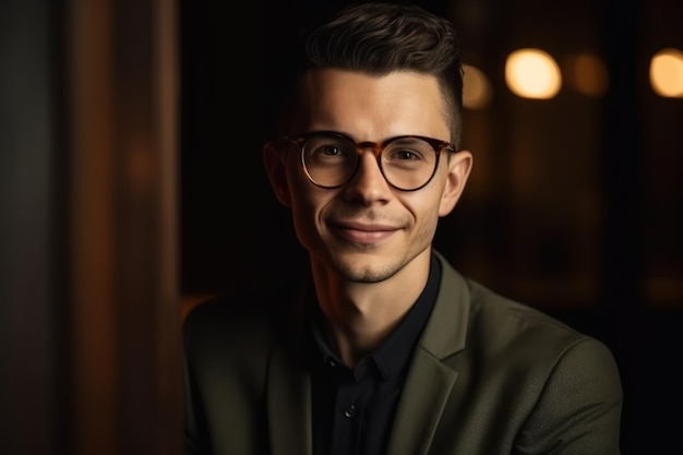 A handsome young businessman wearing glasses and smiling vertical shot