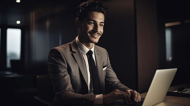 Handsome young businessman with laptop and smiling and working Generative AI