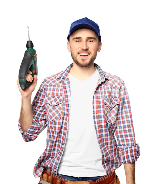 Handsome young carpenter on white background