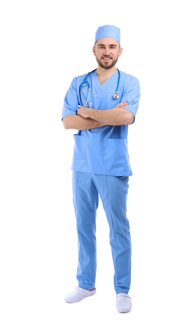 Handsome young doctor on white background