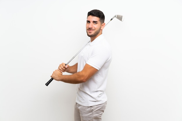 Photo handsome young golfer player man  on white