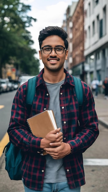 Photo handsome young indian student man holding notebooks while standing on the street