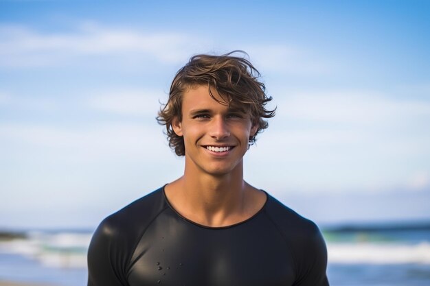 Handsome young male surfer standing on a surfboard in the middle of the sea Generative Ai