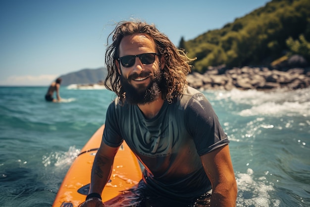 Handsome young male surfer standing on a surfboard in the middle of the sea Generative Ai