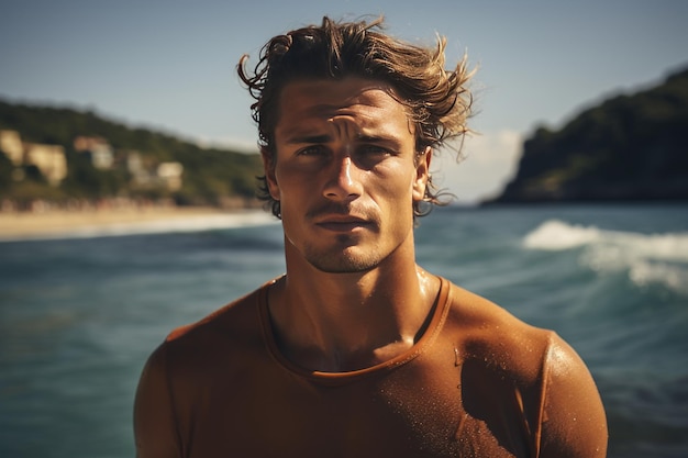 Handsome young male surfer standing on a surfboard in the middle of the sea Generative Ai