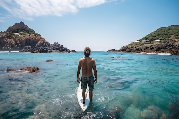 Handsome young male surfer standing on a surfboard in the middle of the sea Generative Ai