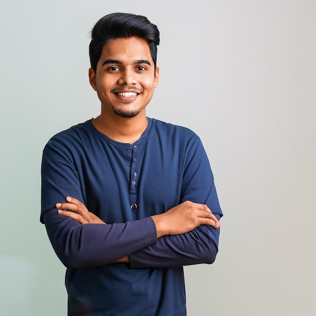 Handsome young man Asian man looking at the camera with crossed arms and a happy expression