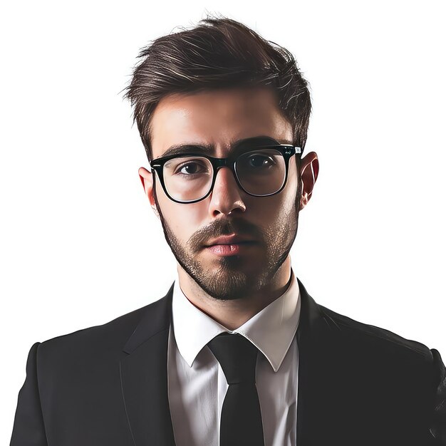 Handsome young man in black suit and glasses on white background