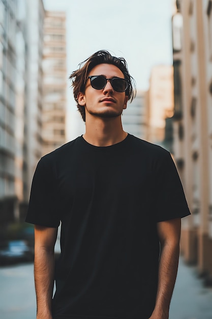 Handsome young man in black tshirt standing