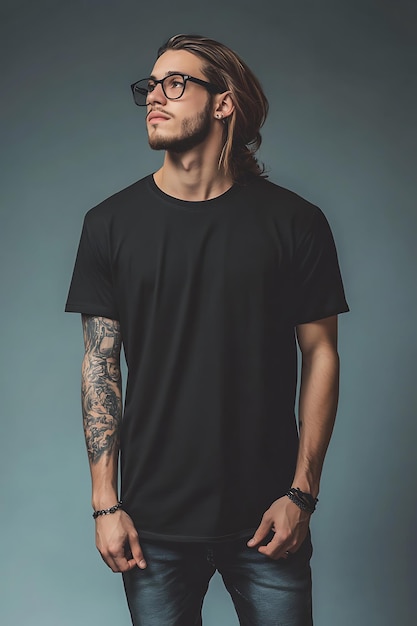 Handsome young man in black tshirt standing