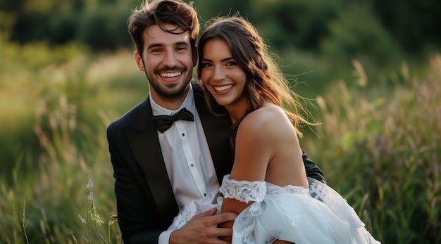 Photo a handsome young man in a black tuxedo and white shirt is carrying his beautiful wife wearing dress