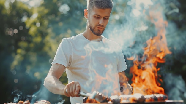 Handsome young man cooking sausages on barbecue grill outdoors