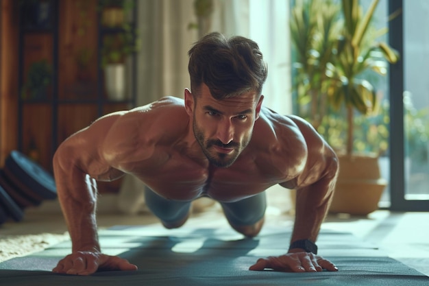 Handsome young man doing push ups in the gym with AI generated