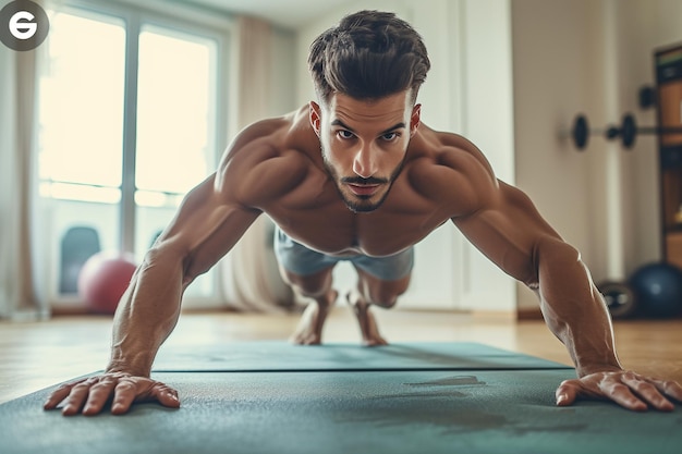 Handsome young man doing push ups in the gym with AI generated