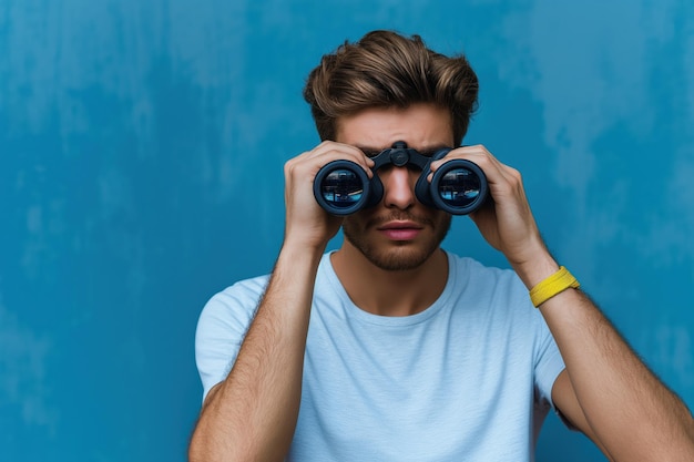 Photo handsome young man gazes through binoculars on isolated background confident expression on his