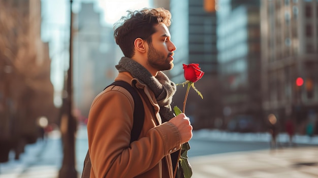 Handsome young man holding red rose and looking away while standing on city street