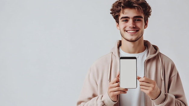 Photo handsome young man holding a smartphone mockup with a blank screen and smiling on a generative ai