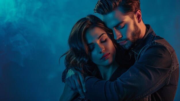 Handsome young man hugging attractive woman with closed eyes on blue background