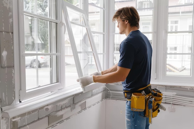 Photo handsome young man installing bay window in a new house construction site handsome young man instal