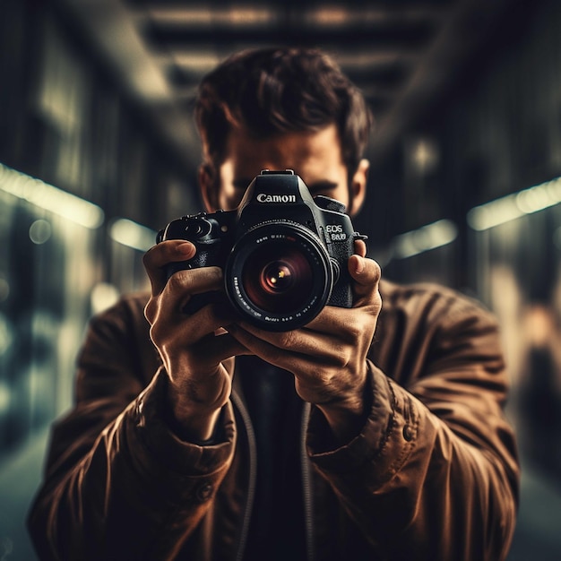 Handsome young man is holding a camera in his hands