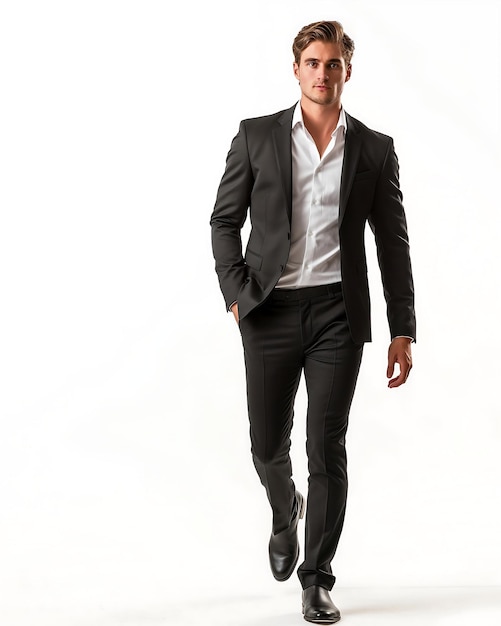 a handsome young man is walking wearing a black suit