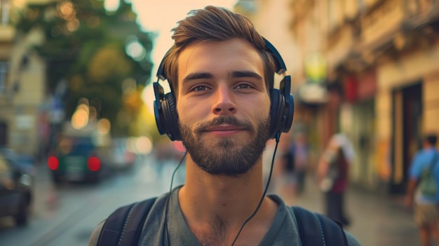 A handsome young man listening to music with headphones on an urban city street exuding a relaxed vi