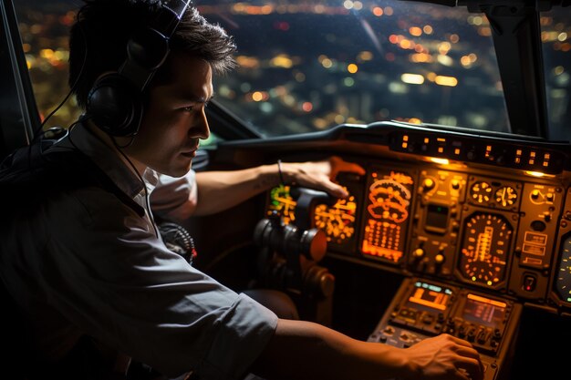 Photo a handsome young man pilot in a green overall sitting in the cockpit of an old plane on a sunny day