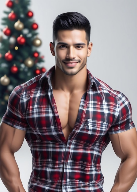 Handsome young man in plaid shirt with Christmas tree on background